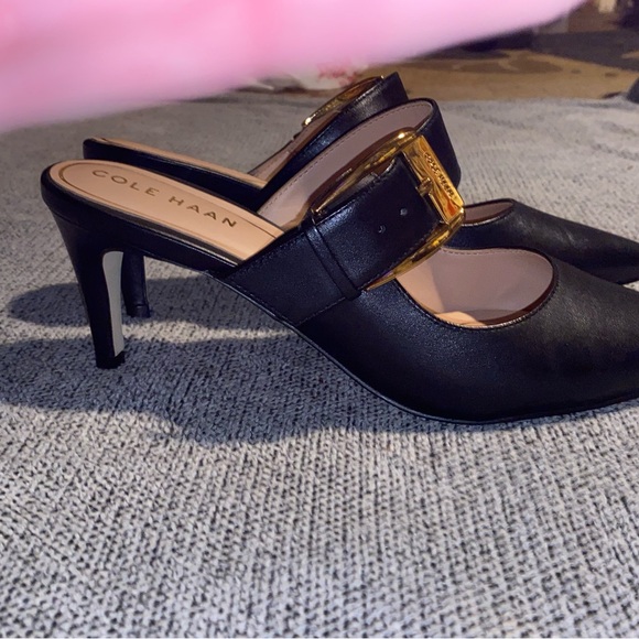 COLE HAAN Kitten Heel Mules with Gold Buckle - Picture 7 of 16